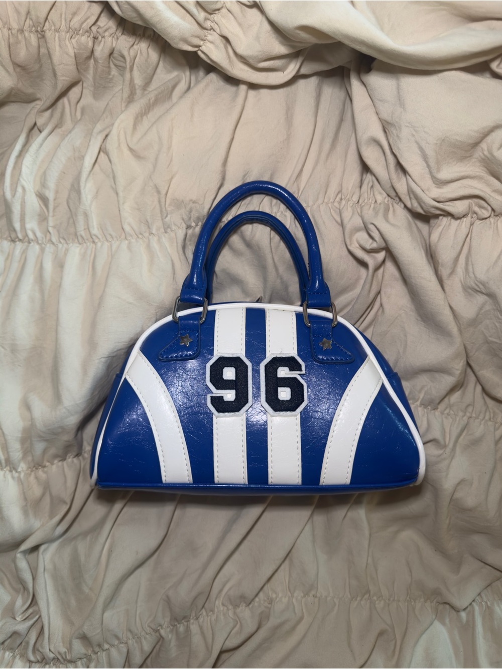 Blue and White Patent Leather Handbag